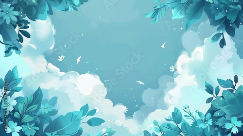 cartoon frame under the cloud  in the style of delicate flora depictions  organic material  dark aquamarine and sky-blue