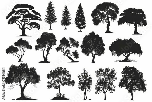 set of various tree silhouettes isolated on white background black nature elements collection vector illustration