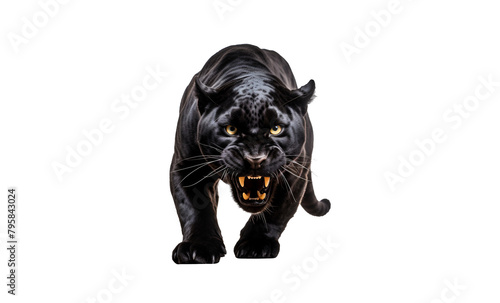 Close Up View of Aggressive Black Panther’s Full Body, Poised for Attack, Isolated on Transparent Background, PNG