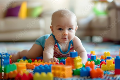 Adorable baby sitting up and playing with a set of colorful building blocks