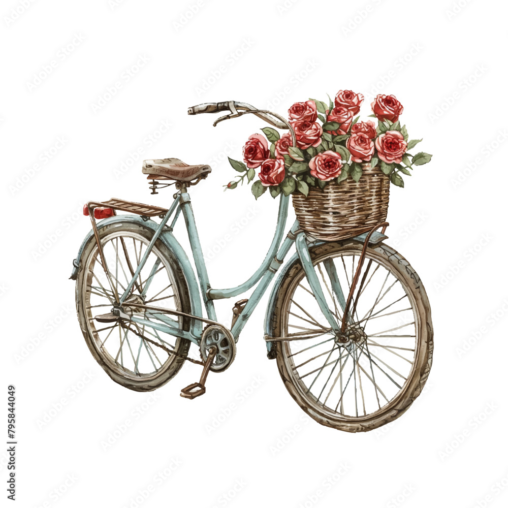 bike with basket full of roses vector illustration in watercolor style