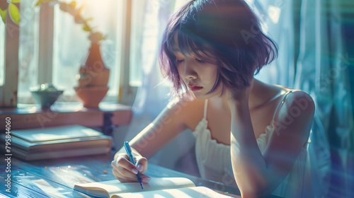 A young Asian woman with short purple hair, sitting next to the window sketching in a book. Sunlight coming in through the window illuminates the entire room