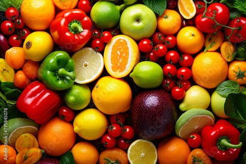 A vibrant display of fresh fruits and vegetables  featuring oranges  tomatoes  apples  lemons  and bell peppers.