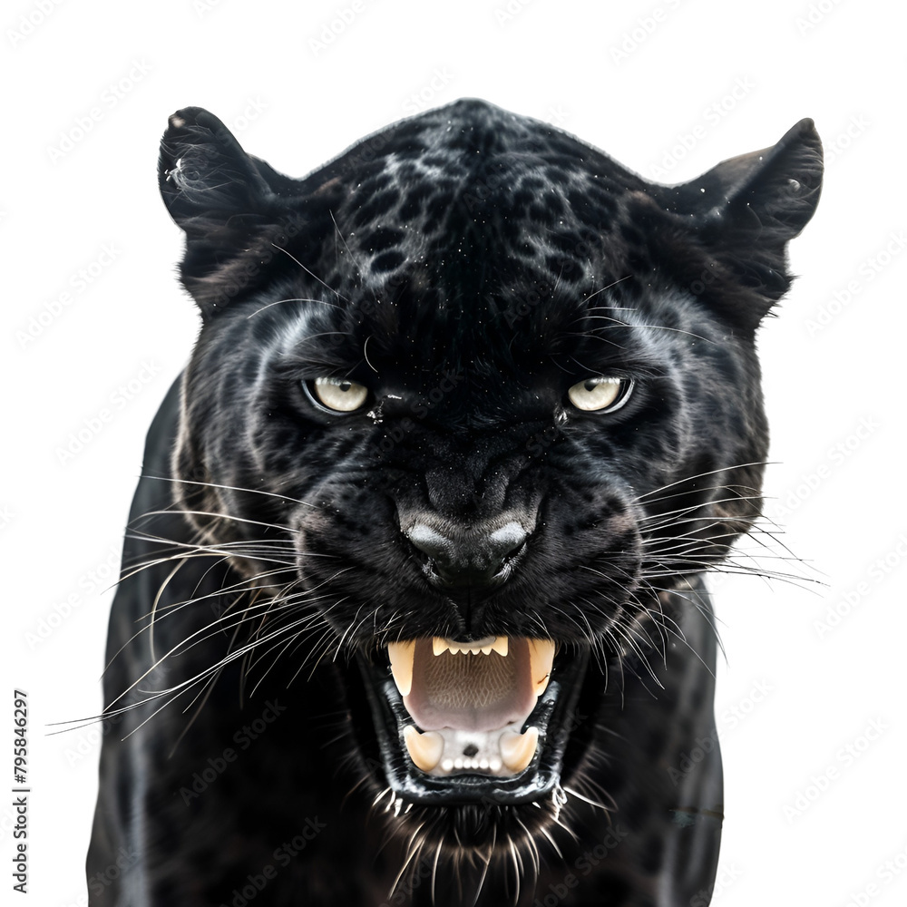 Wild Animal in Focus: A Close Up of an Agressive Half Body Black Panther, Isolated on Transparent Background, PNG