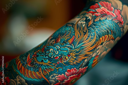 Colorful tattoo sleeve depicting a mythical dragon
