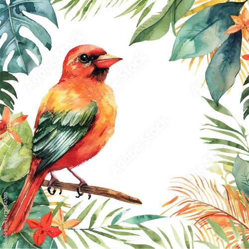 love bird and tropical leaves watercolor vector illustration for background