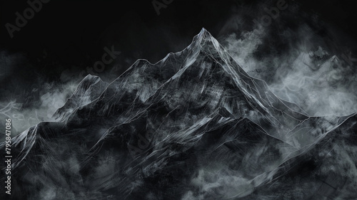 stylized mountain ink wash painting in black. photo