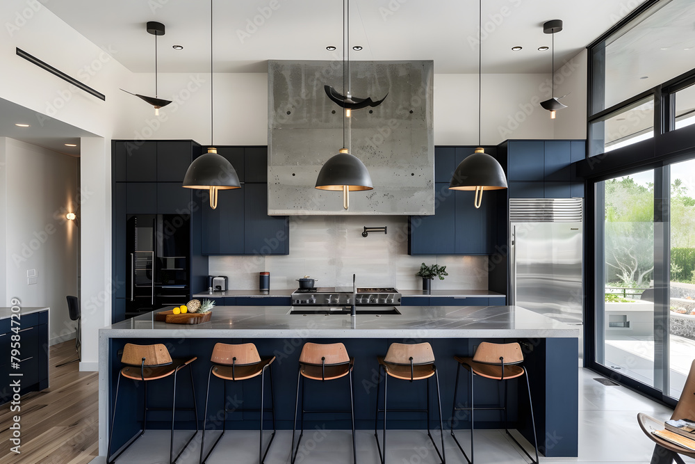 Contemporary modern kitchen interior in navy dark blue colors and concrete elements.