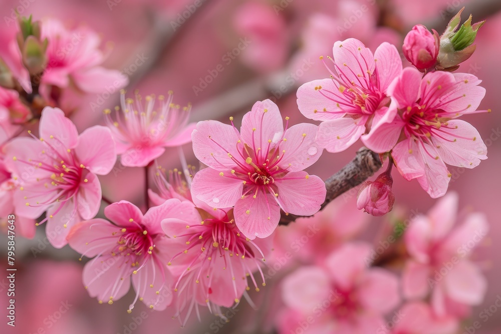 Vibrant pink cherry blossoms in full bloom against a soft background, highlighting the beauty of spring. Blooming Pink Cherry Blossoms Close-Up