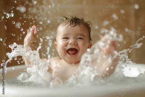 Delighted baby splashing in a bathtub and kicking their feet with excitement