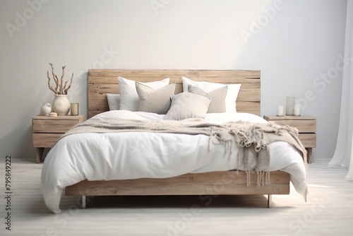Bed, front view, light wood and white Generative AI