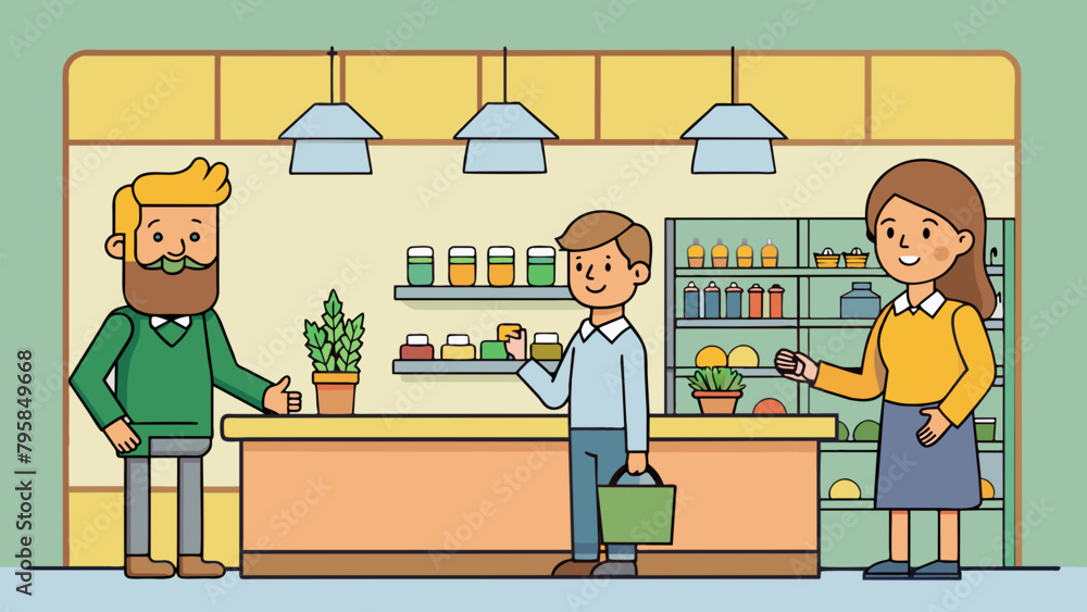 salesman in the natural store with man and woman cartoon vector illustration salesman in the natural store with man and woman cartoon vector illustration