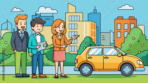 car couple rents a car from rental agent took cartoon vector illustration