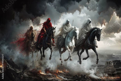 Apocalyptic quartet: 4 horsemen of the apocalypse - the mythical figures symbolizing conquest, war, famine, and death, heralding cataclysmic events. photo