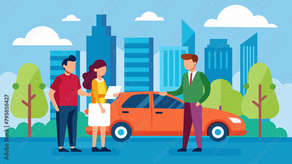 car couple rents a car from rental agent took cartoon vector illustration car couple rents a car from rental agent took cartoon vector illustration