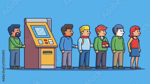  queue at the atm disgruntled people are standing cartoon vector illustration