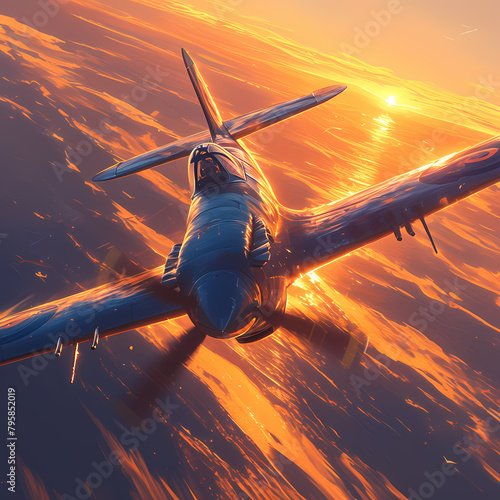 The Classic British Spitfire Jet Soars High Above the Landscape with Sunlit Glory