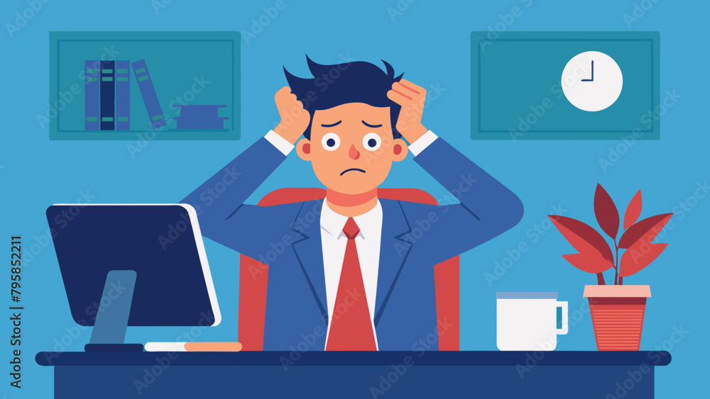panic and stressed man working at his office holding cartoon vector illustration panic and stressed man working at his office holding cartoon vector illustration