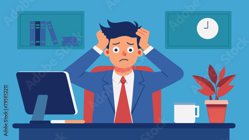  panic and stressed man working at his office holding    cartoon vector illustration