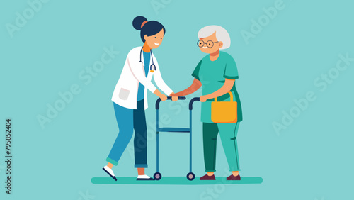 nurse helps her grandmother to go to the walker cartoon vector illustration