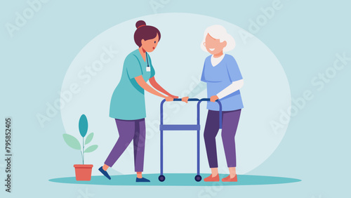 nurse helps her grandmother to go to the walker cartoon vector illustration