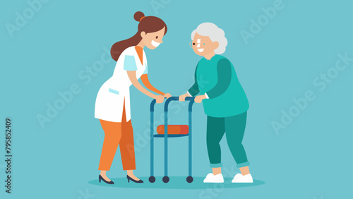 nurse helps her grandmother to go to the walker cartoon vector illustration