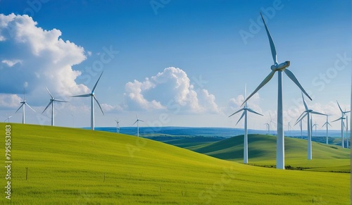 In a vast natural landscape, rows of wind turbines stretch to the horizon, gently spinning in the wind. The sky is clear and blue, with white clouds floating peacefully above the lush green hills.