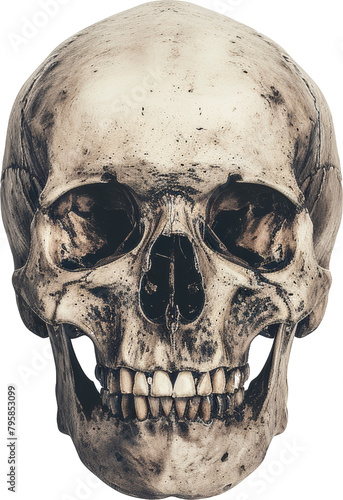 Aged human skull with visible teeth and textured surface photo