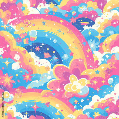 Vibrant Seamless Design with Colorful Rainbows and Clouds for Graphics & Textiles