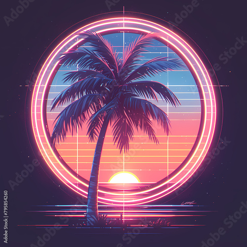 An enchanting retro-style illustration of a tropical paradise, featuring a striking sun set against the backdrop of a palm tree on a sandy beach.