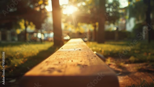 Blurry image of a playful wooden seesaw set in a peaceful park setting. The warm tones and soft focus create a sense of nostalgia. . photo