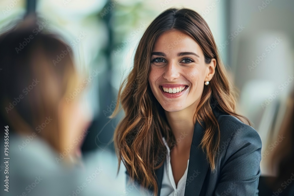 Smiling businesswoman discussing with colleagues Smiling businesswoman discussing with colleagues