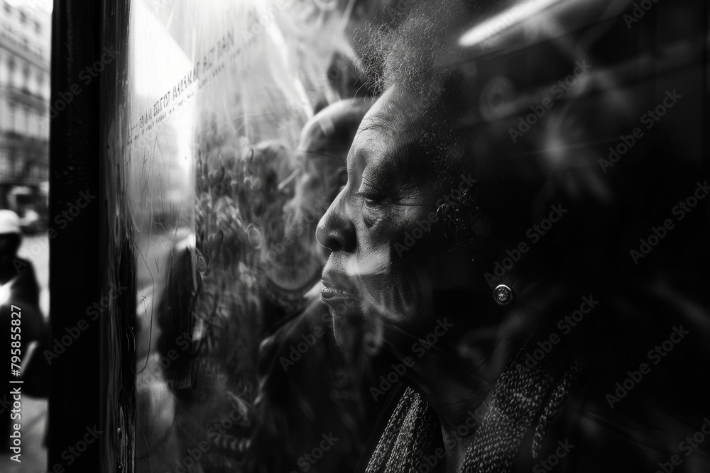 A woman is looking out a window with a blurry reflection of herself