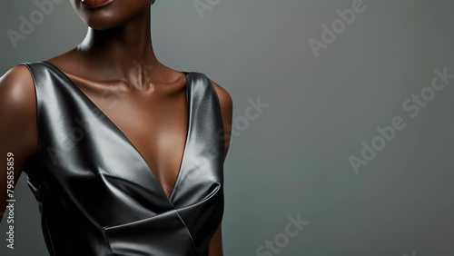 A monochromatic gray background sets the stage for a black woman wearing an edgy asymmetrical dress. The sleek and modern silhouette is further enhanced by the use of contrasting matte . photo