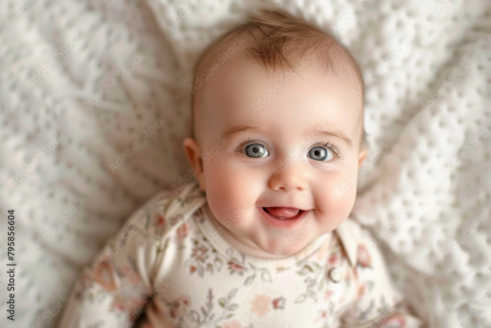 Sweet baby girl wearing a cute onesie and smiling up at the camera Sweet baby girl wearing a cute onesie and smiling up at the camera