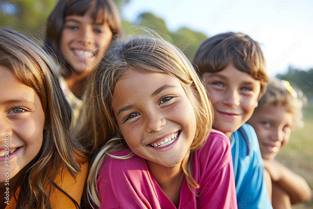 Portrait of a smiling group of children looking at camera in the park Portrait of a smiling group of children looking at camera in the park