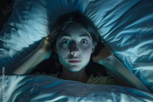 Woman lying in bed with eyes wide open