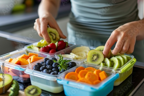 Woman packing a lunchbox with a variety of healthy snacks
