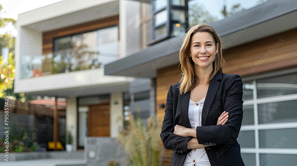 A confident real estate agent stands proud outside his home A confident real estate agent stands proud outside his home