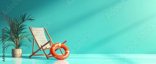 Minimal summer banner with beach chair and inflatable ring on turquoise background, copy space concept for vacation, travel or relaxation in the sea, banner design.