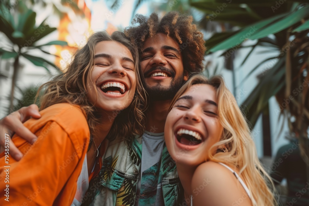 Cheerful young multiethnic friends laughing and having fun together outdoors Cheerful young multiethnic friends laughing and having fun together outdoors