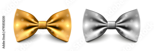 Vector 3D Realistic Golden and Silver Color Bow Tie Set Isolated. Silk Glossy Bowtie, Tie Gentleman. Mockup, Design Template of Stylish Bow Tie for Men. Fashion, Father s Day Holiday Concept