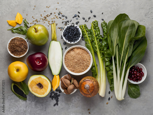 Variedad de verduras, frutas y legumbres en la mesa, concepto de alimentación saludable photo