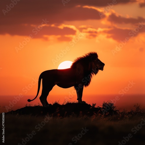 Silhouette of a roaring lion standing on a hill in the setting sun
