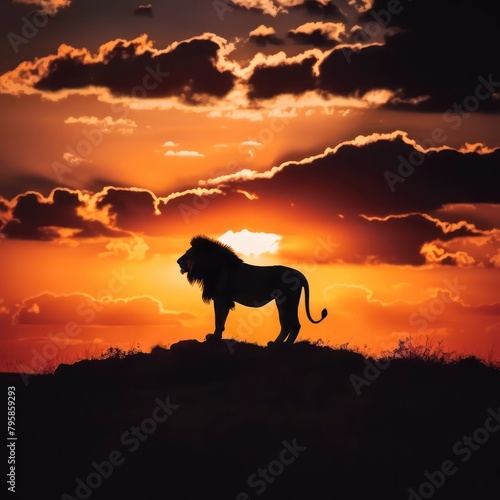 Silhouette of a roaring lion standing on a hill in the setting sun