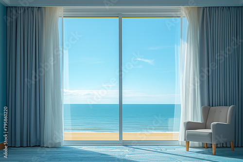 Panoramic windows in empty room with curtains and armchair with view on sea beach in sunny day.