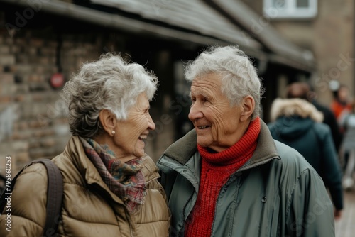 Portrait of a happy senior couple walking in the street. Focus on the woman