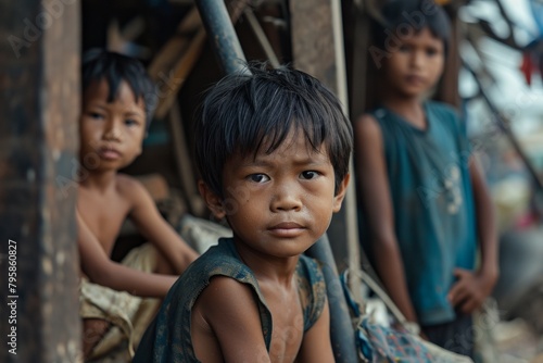 Unidentified Burmese little boy in the street. 68 per cent of Myanma people belong to Bamar ethnic group photo