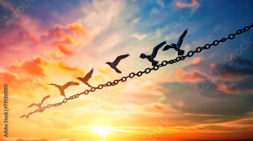 Silhouette of free flying bird and chain against sunset background