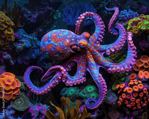 An octopus with bright blue and purple skin and orange eyes is sitting on a colorful coral reef.